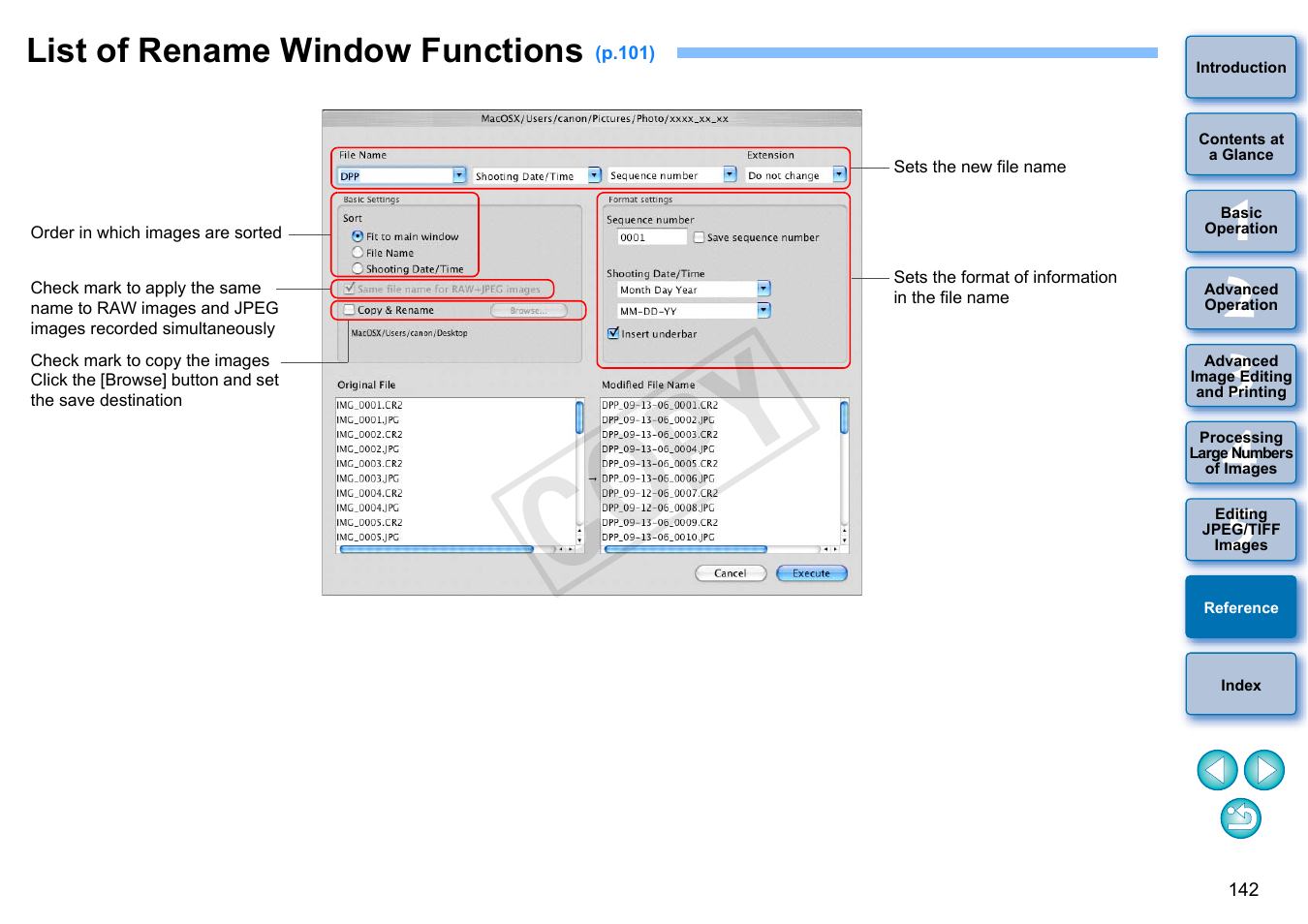 List of rename window functions, P.142), P.142 | Ecify the required settings, Cop y | Canon PowerShot G1 X User Manual | Page 143 / 150