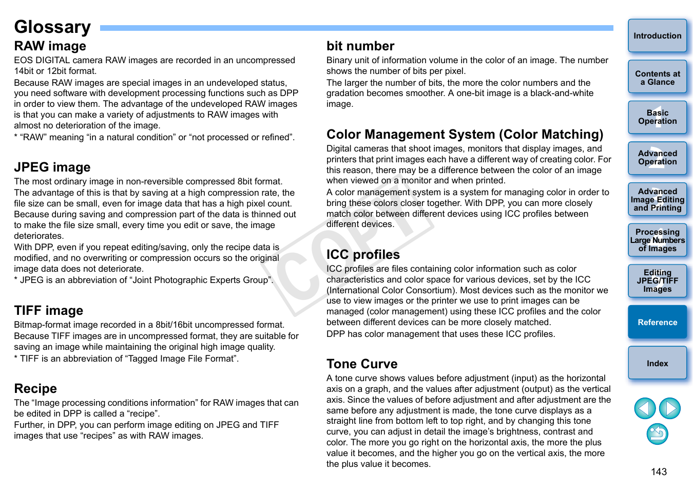 Glossary, P.143), An icc profile | Is ad, A profile, Is at, P.143, Cop y | Canon PowerShot G1 X User Manual | Page 144 / 150