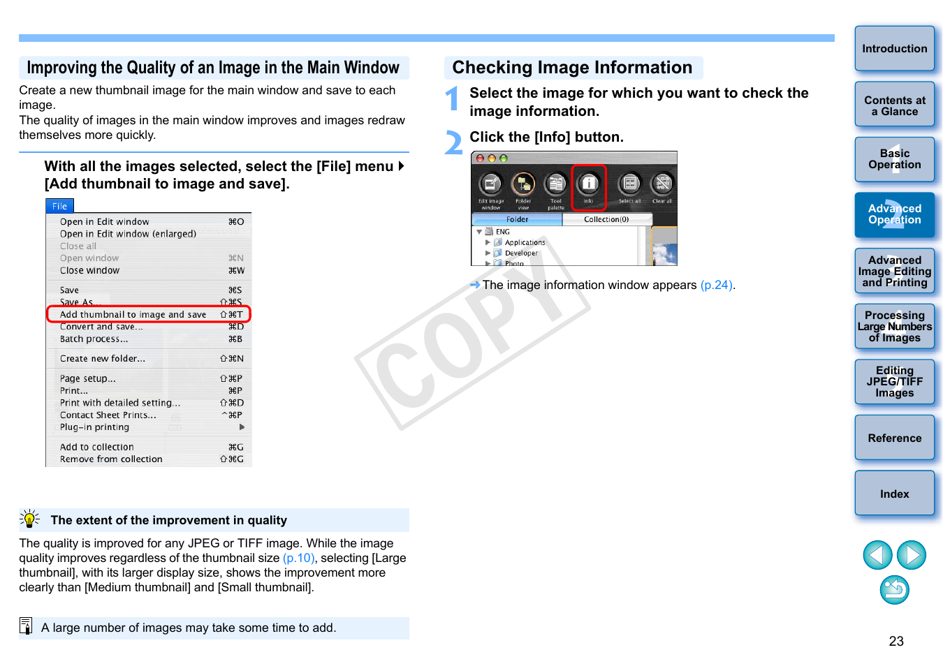 P.23, P.23), Checking image information | Cop y | Canon PowerShot G1 X User Manual | Page 24 / 150