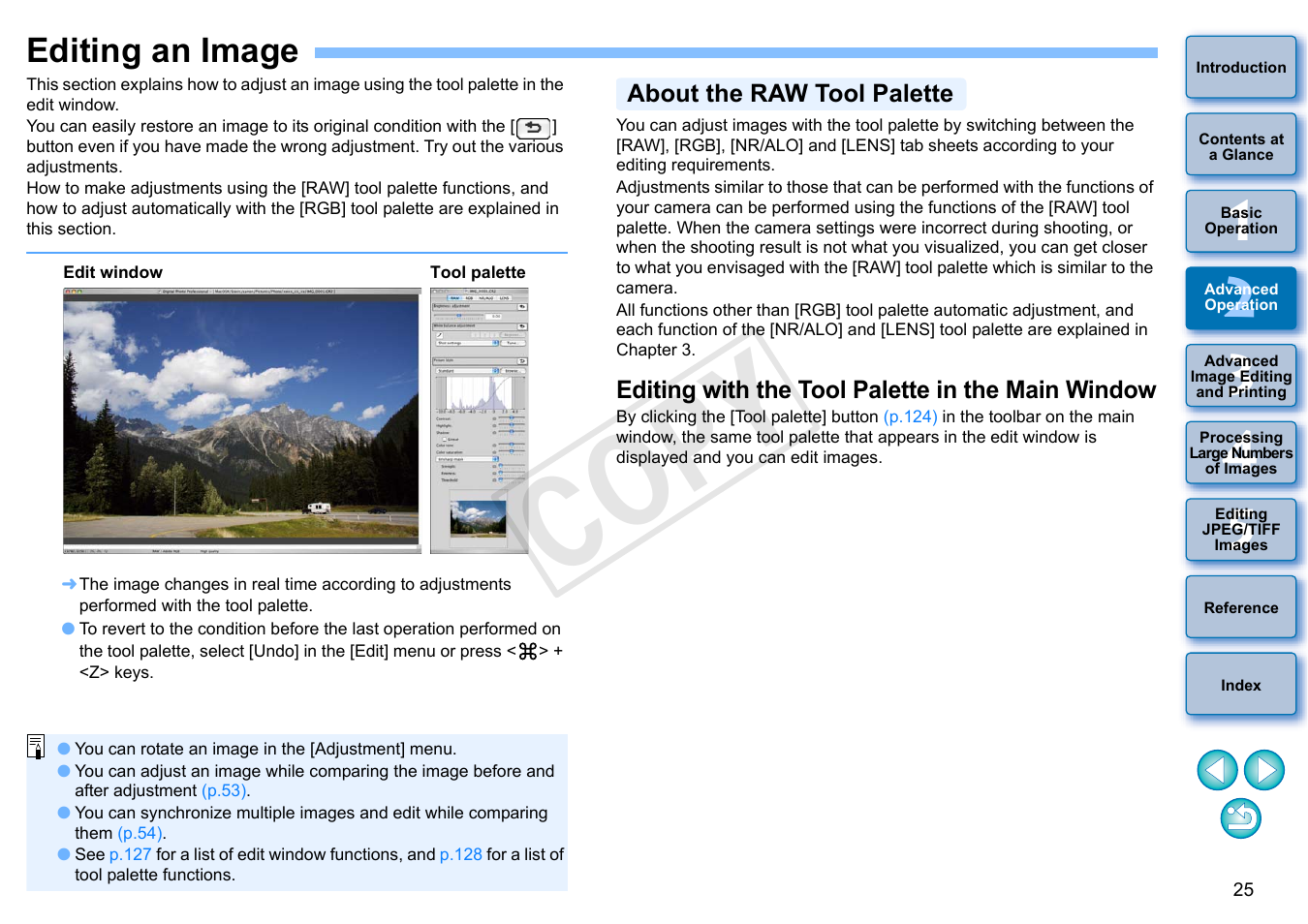 Editing an image, About the raw tool palette, Editing with the tool palette in the main window | Cop y | Canon PowerShot G1 X User Manual | Page 26 / 150