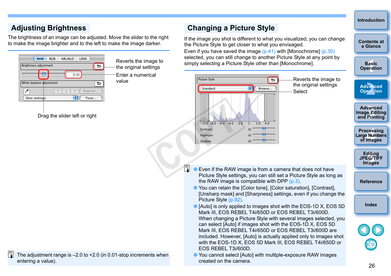 P.26, Adjusting brightness, Changing a picture style | Cop y | Canon PowerShot G1 X User Manual | Page 27 / 150