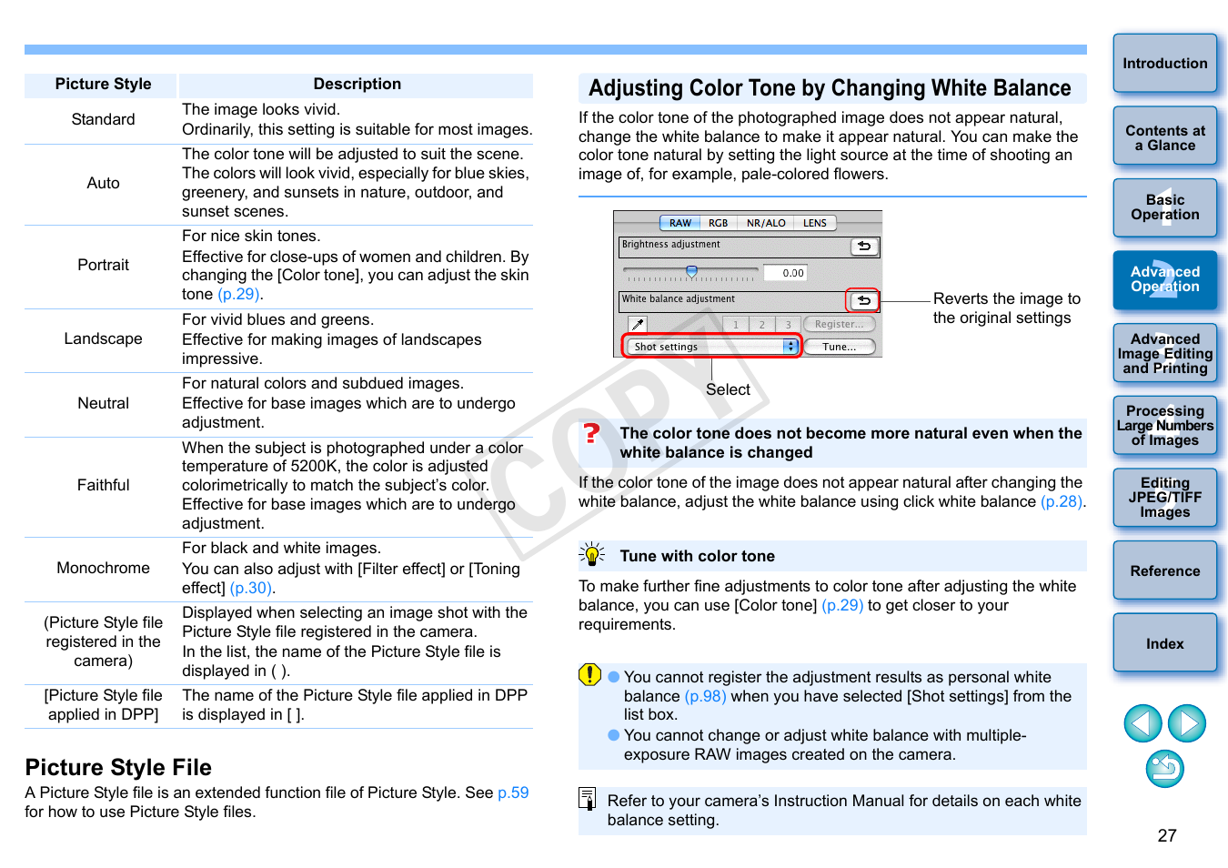 P.27, Picture style file, Adjusting color tone by changing white balance | Cop y | Canon PowerShot G1 X User Manual | Page 28 / 150