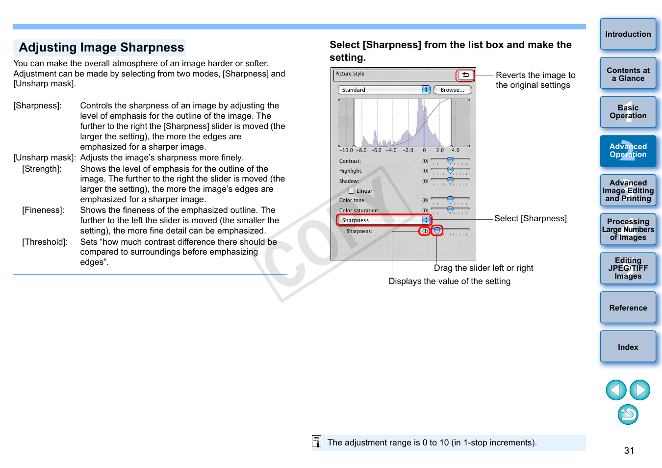 P.31, Adjusting image sharpness, Cop y | Canon PowerShot G1 X User Manual | Page 32 / 150