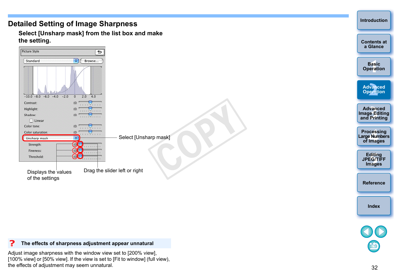 Detailed setting of image sharpness, Cop y | Canon PowerShot G1 X User Manual | Page 33 / 150