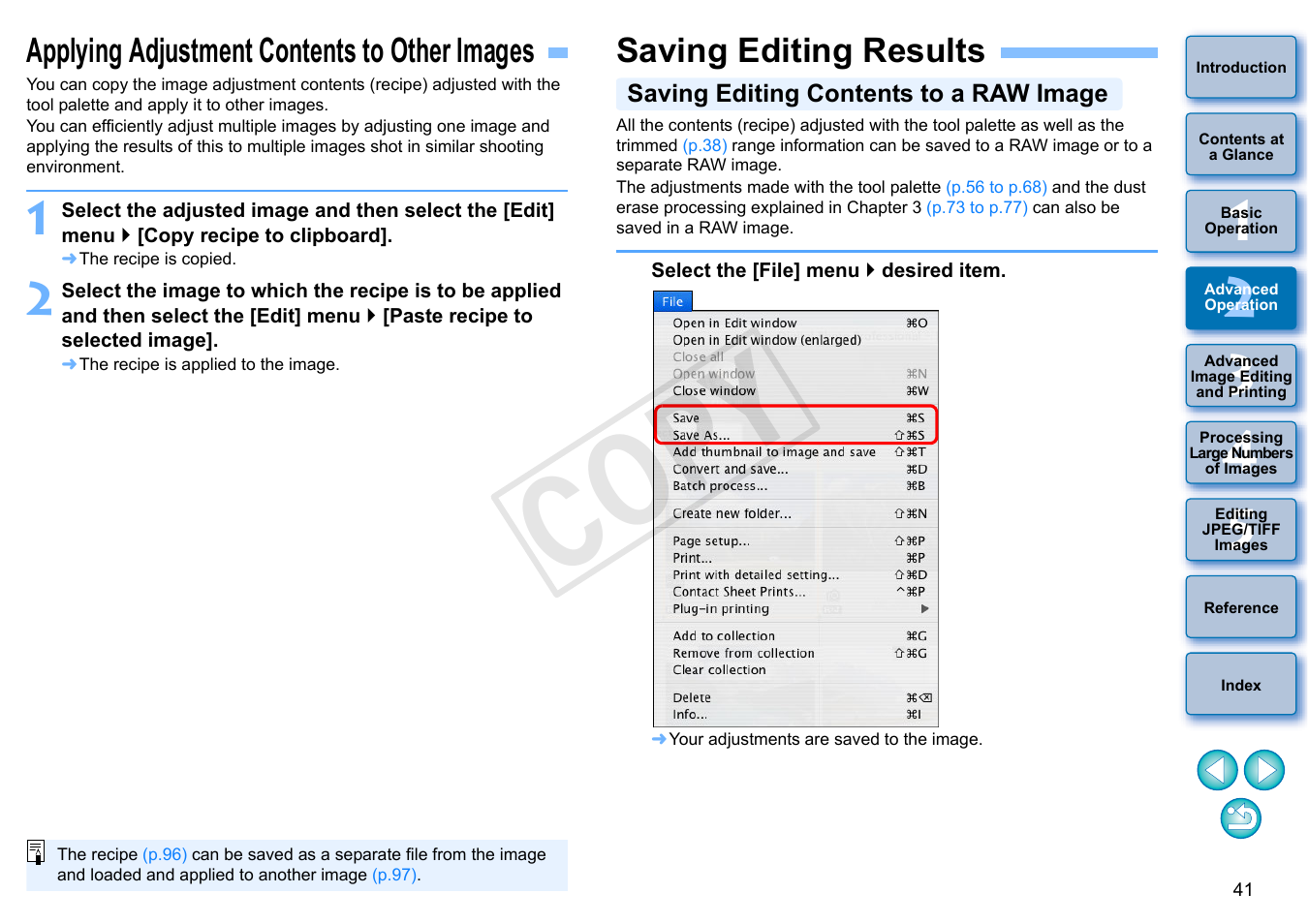 Applying adjustment contents to other images, Saving editing results, P.41 | P.41), Saving editing contents to a raw image, Cop y | Canon PowerShot G1 X User Manual | Page 42 / 150