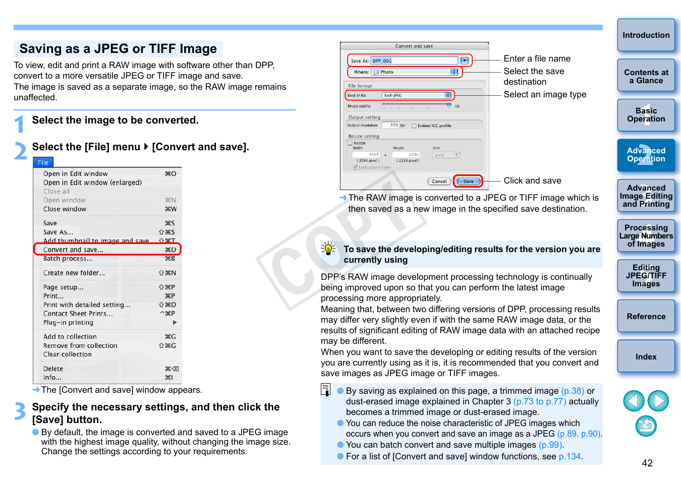 P.42, p, P.42, p.13, P.42) | Saving as a jpeg or tiff image, P.42, Cop y | Canon PowerShot G1 X User Manual | Page 43 / 150
