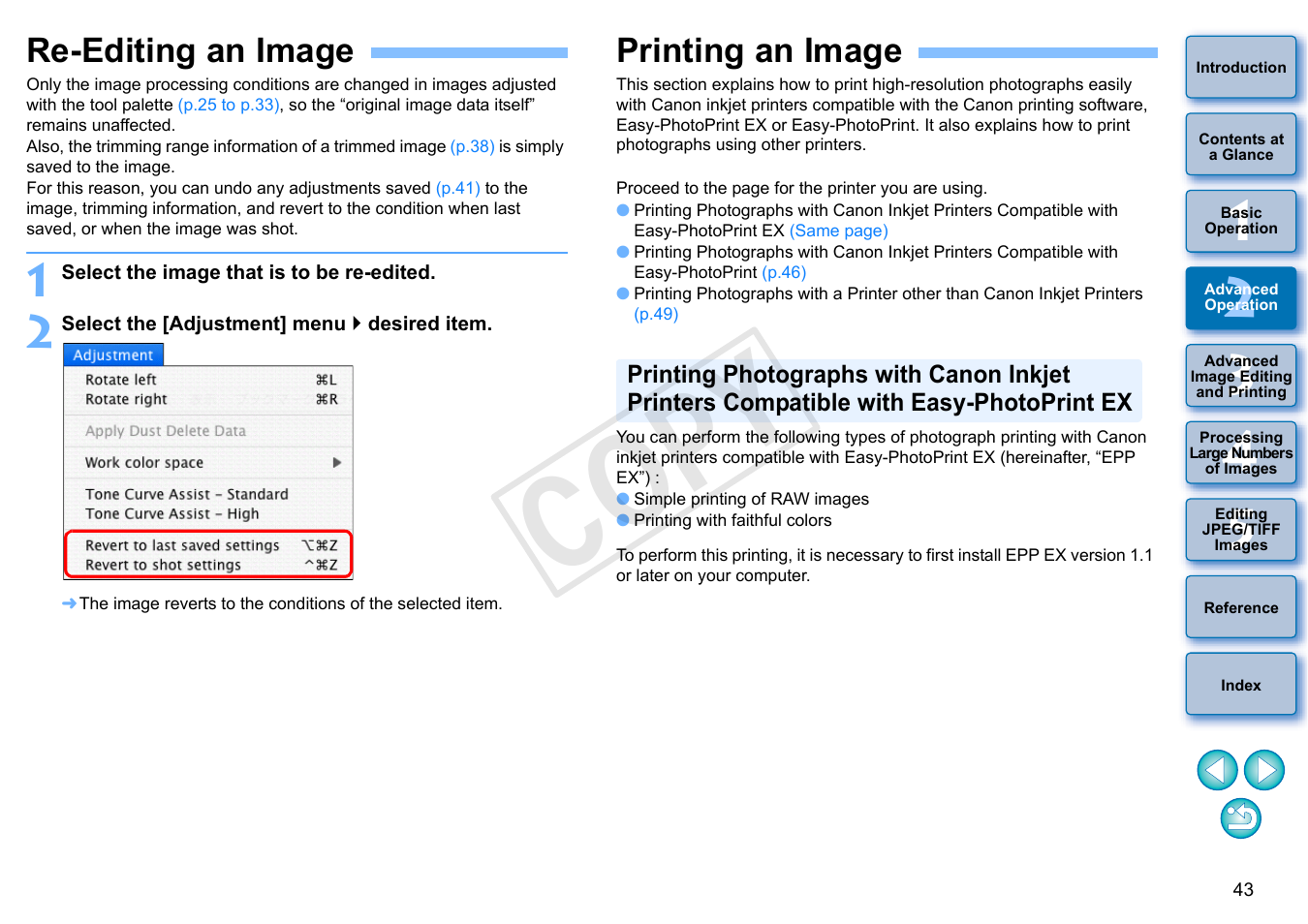 Re-editing an image, Printing an image, P.43 | P.43, p, P.43, p.46), P.43), Cop y | Canon PowerShot G1 X User Manual | Page 44 / 150