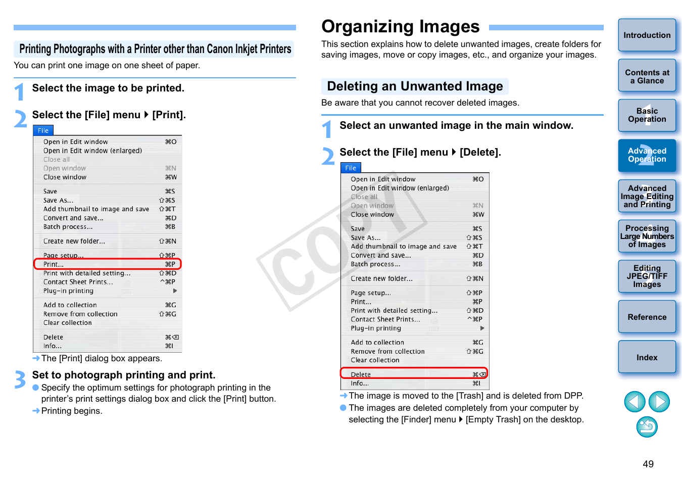 Organizing images, P.49), Deleting an unwanted image | Cop y | Canon PowerShot G1 X User Manual | Page 50 / 150