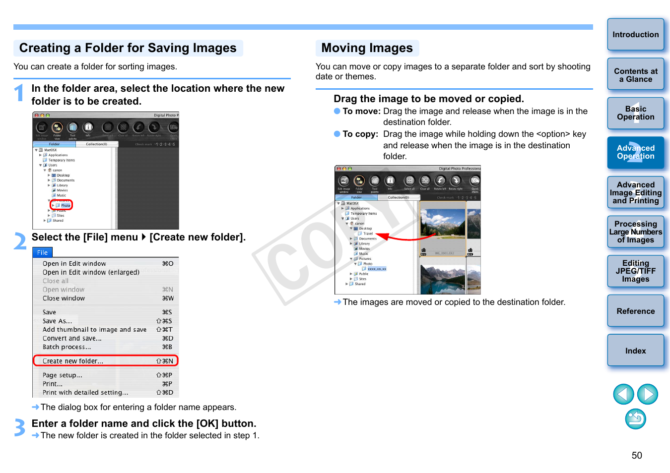P.50, Creating a folder for saving images, Moving images | Image, P.50), Cop y | Canon PowerShot G1 X User Manual | Page 51 / 150