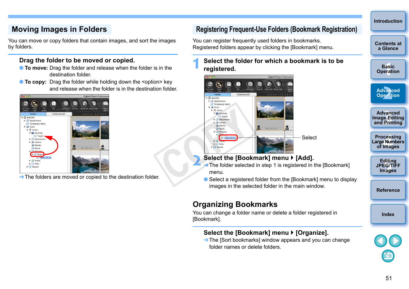 Moving images in folders, Organizing bookmarks, Cop y | Canon PowerShot G1 X User Manual | Page 52 / 150