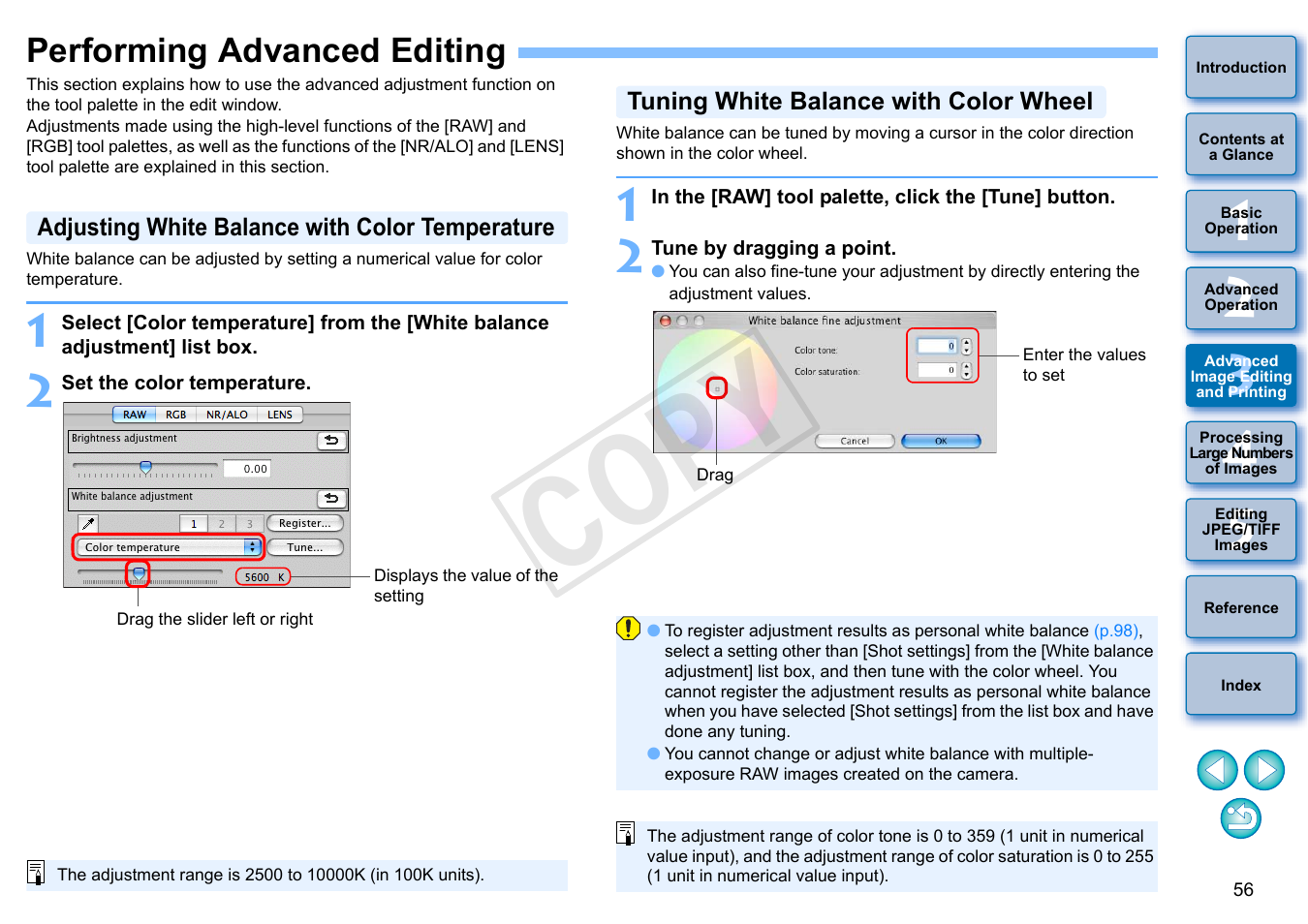 Performing advanced editing, P.56, Adjusting white balance with color temperature | Tuning white balance with color wheel, Cop y | Canon PowerShot G1 X User Manual | Page 57 / 150