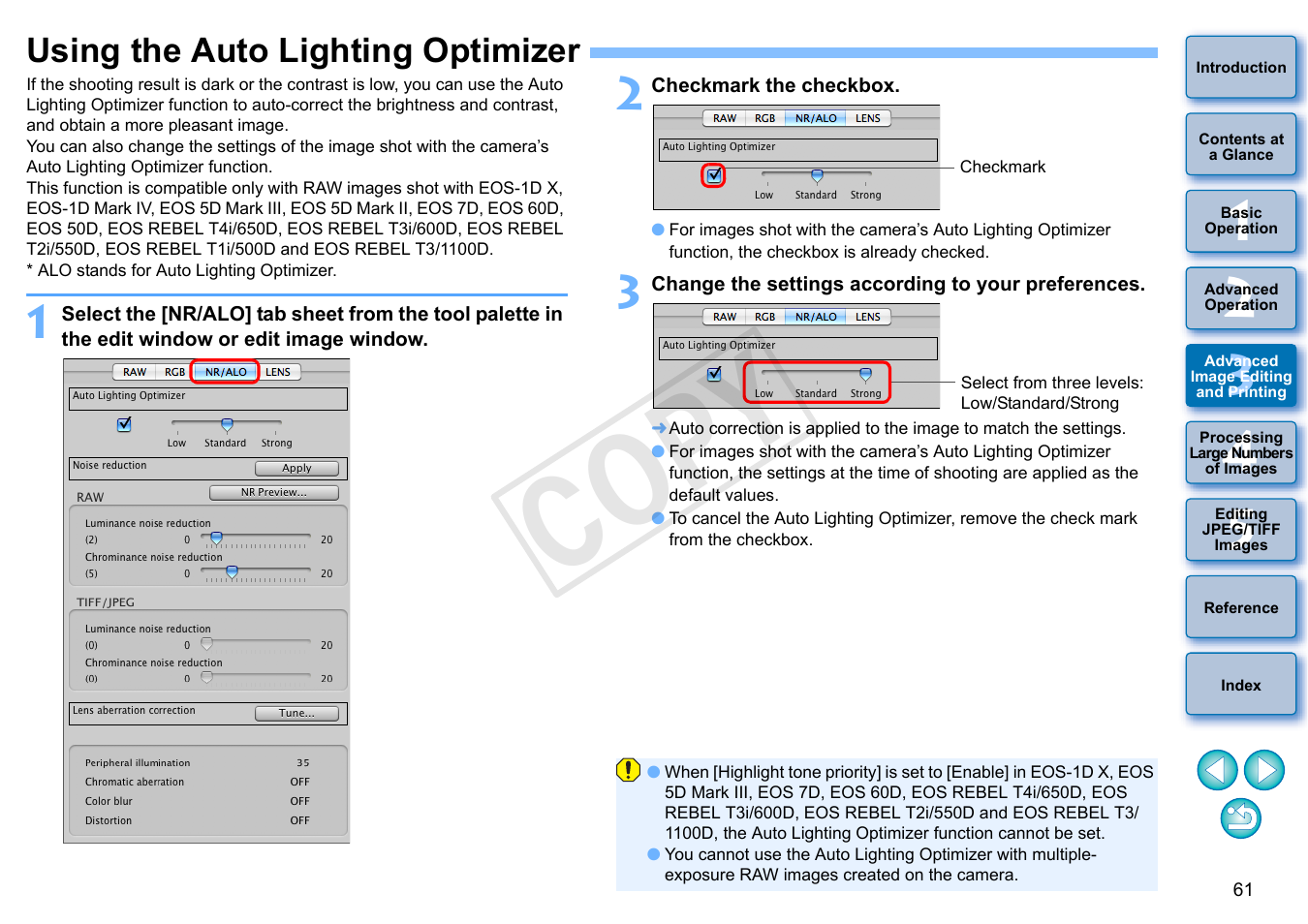 Using the auto lighting optimizer, P.61, Mizer | P.61), Cop y | Canon PowerShot G1 X User Manual | Page 62 / 150