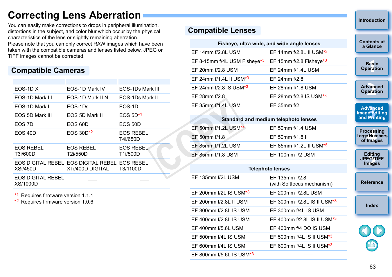 Correcting lens aberration, P.63, Compatible cameras | Compatible lenses, P.63), Cop y | Canon PowerShot G1 X User Manual | Page 64 / 150