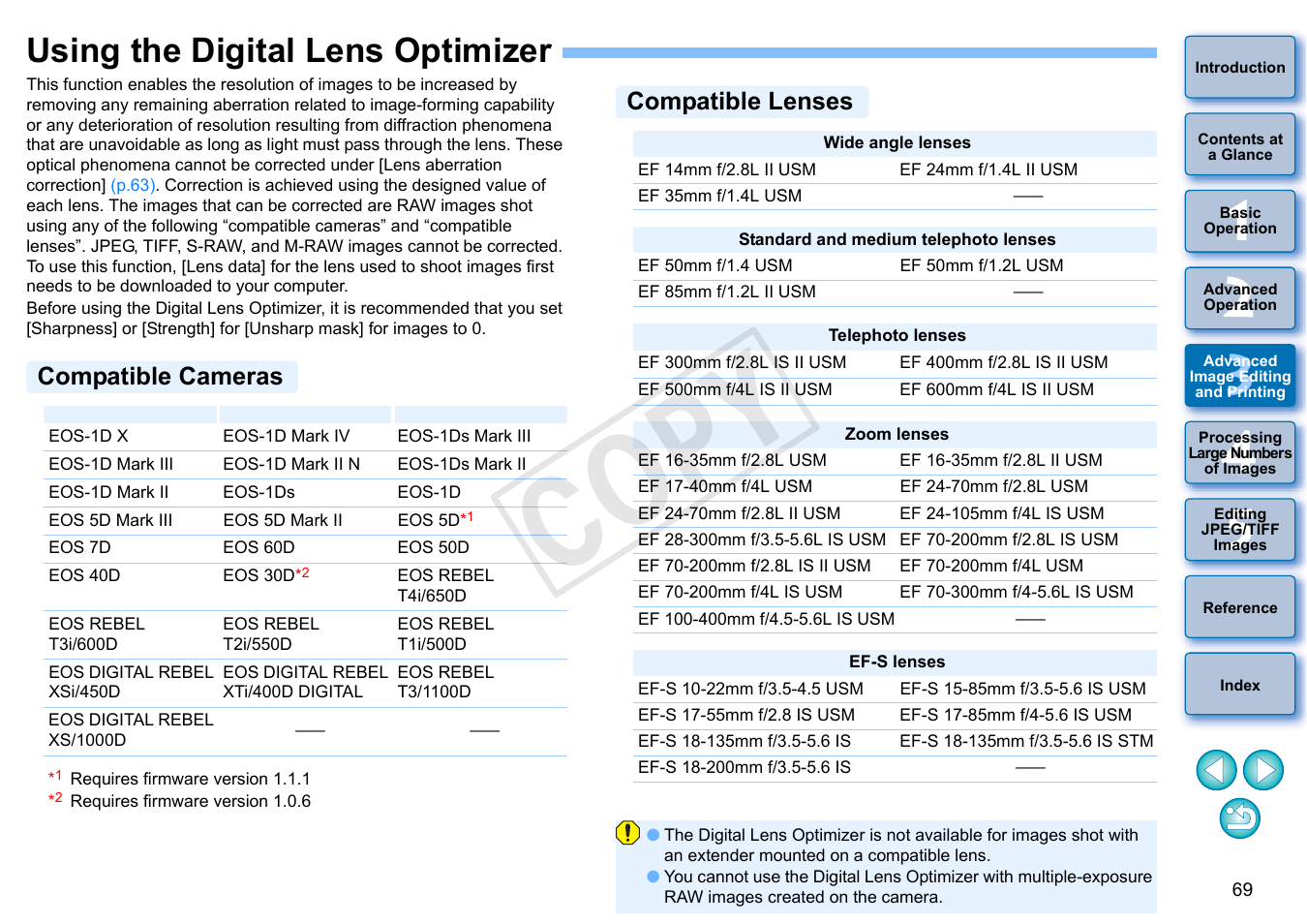 Using the digital lens optimizer, P.69, Mizer | P.69), Compatible cameras, Compatible lenses, Cop y | Canon PowerShot G1 X User Manual | Page 70 / 150