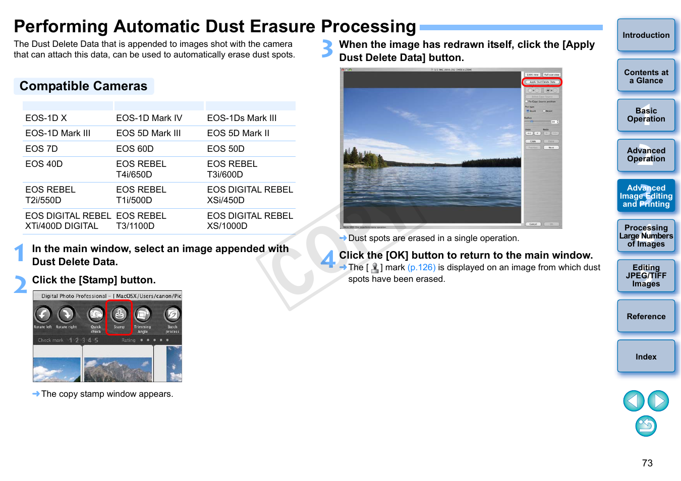 Performing automatic dust erasure processing, P.73, P.73 to | P.73 to p, Compatible cameras, Cop y | Canon PowerShot G1 X User Manual | Page 74 / 150
