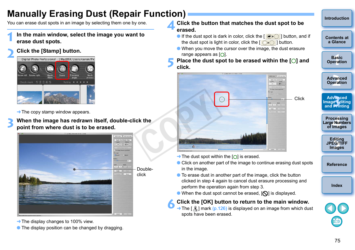 Manually erasing dust (repair function), P.75, P.75) | Cop y | Canon PowerShot G1 X User Manual | Page 76 / 150