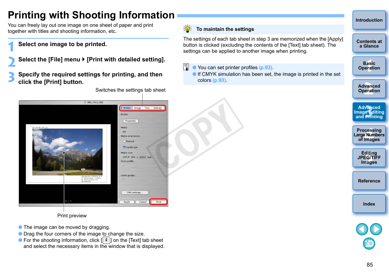 Printing with shooting information, P.85, P.85) | Rmation, Cop y | Canon PowerShot G1 X User Manual | Page 86 / 150