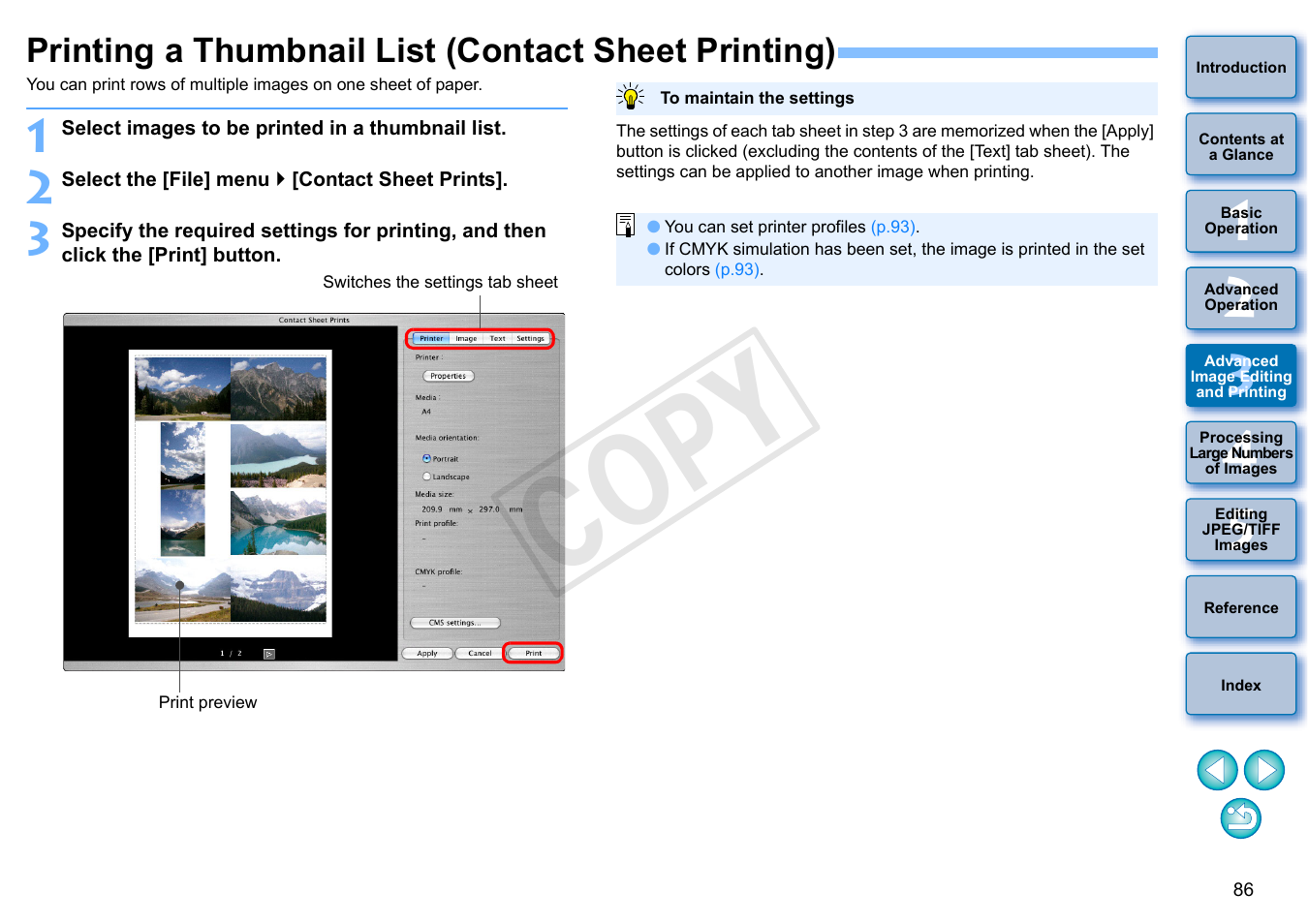 Printing a thumbnail list (contact sheet printing), P.86, P.86) | Printing), Cop y | Canon PowerShot G1 X User Manual | Page 87 / 150
