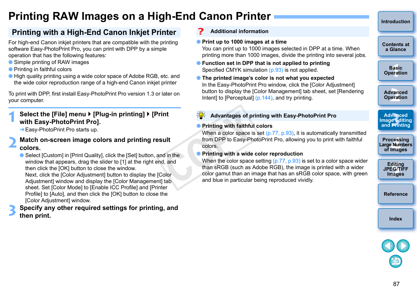 Printing raw images on a high-end canon printer, P.87), T pro | Printing with a high-end canon inkjet printer, Cop y | Canon PowerShot G1 X User Manual | Page 88 / 150