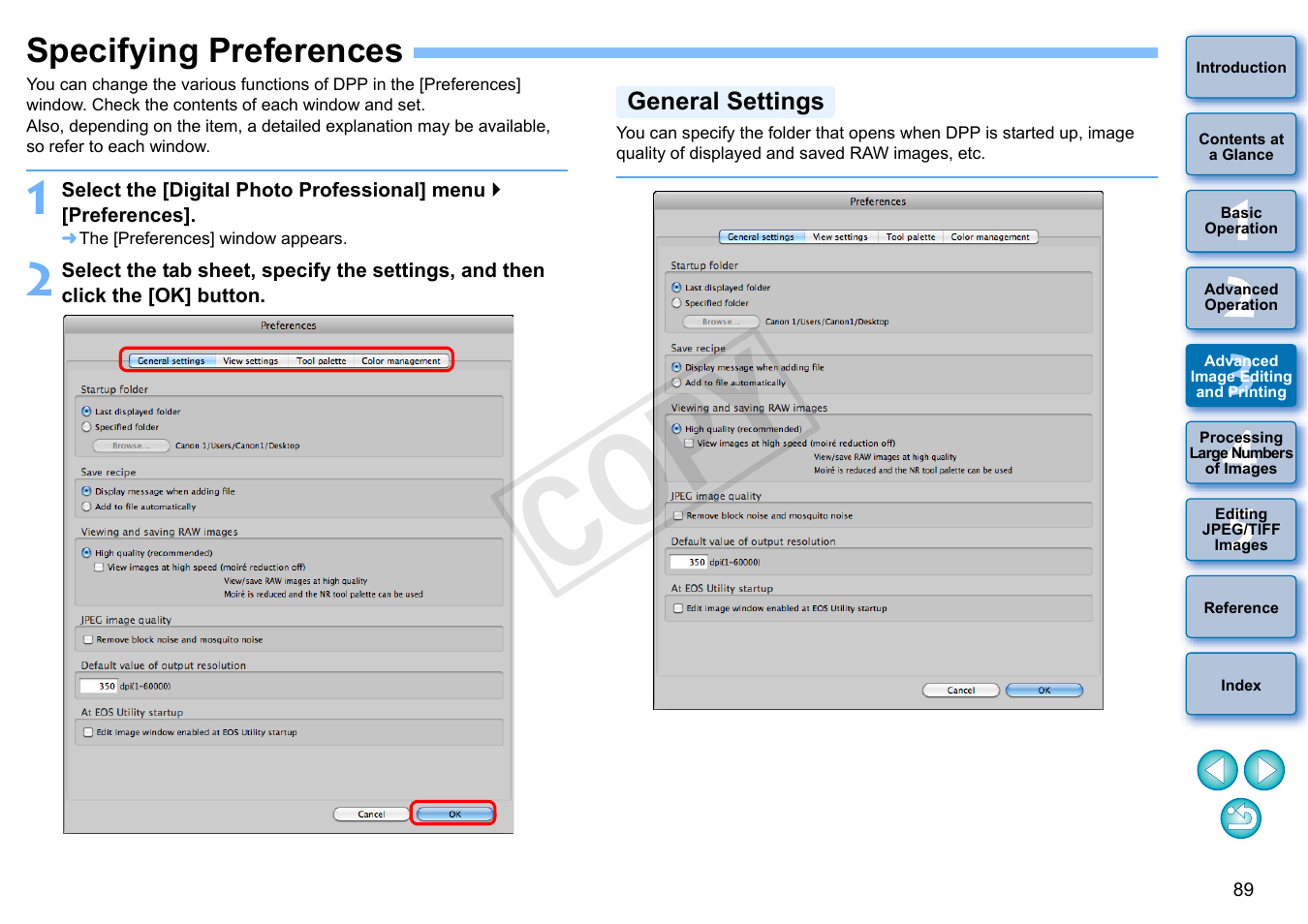 Specifying preferences, P.89, General settings | P.89), Tion, Cop y | Canon PowerShot G1 X User Manual | Page 90 / 150