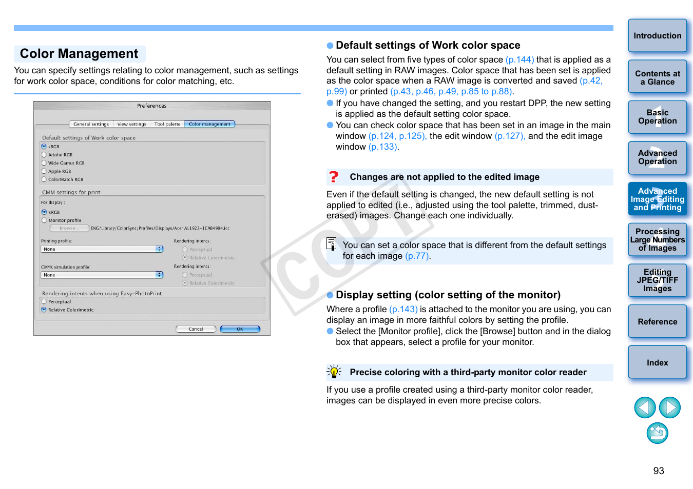 P.93, P.93), Color management | Lt settings, Tion, Is no, Cop y | Canon PowerShot G1 X User Manual | Page 94 / 150