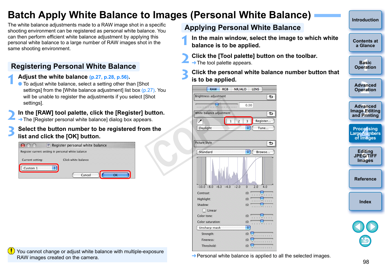 P.98), Registering personal white balance, Applying personal white balance | Cop y | Canon PowerShot G1 X User Manual | Page 99 / 150