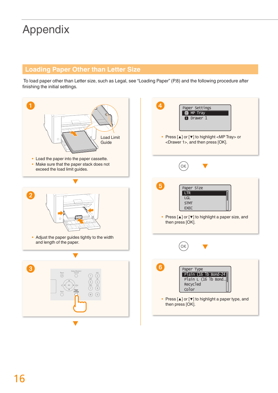 Appendix, Loading paper other than letter size | Canon imageCLASS D530 User Manual | Page 16 / 24