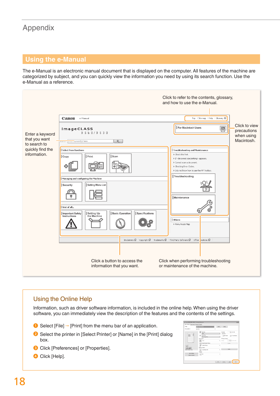 Appendix, Using the e-manual, Using the online help | Canon imageCLASS D530 User Manual | Page 18 / 24