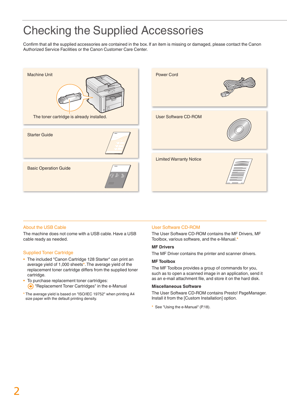 Checking the supplied accessories | Canon imageCLASS D530 User Manual | Page 2 / 24