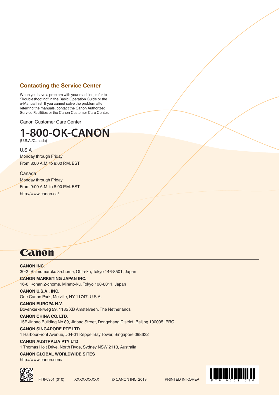 800-ok-canon, Contacting the service center | Canon imageCLASS D530 User Manual | Page 24 / 24