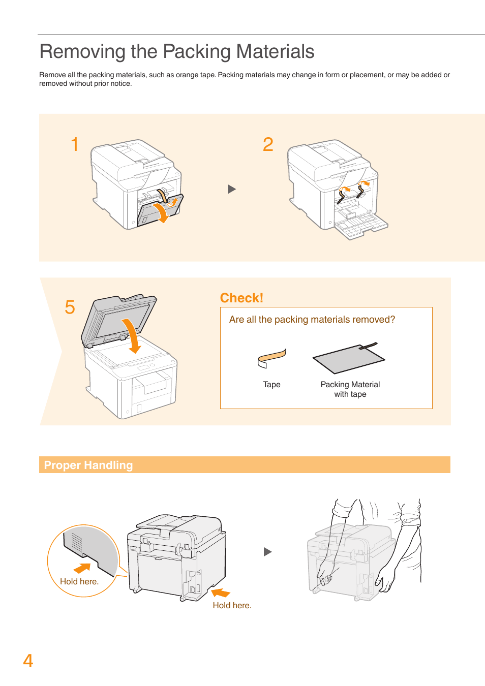 5removing the packing materials | Canon imageCLASS D530 User Manual | Page 4 / 24