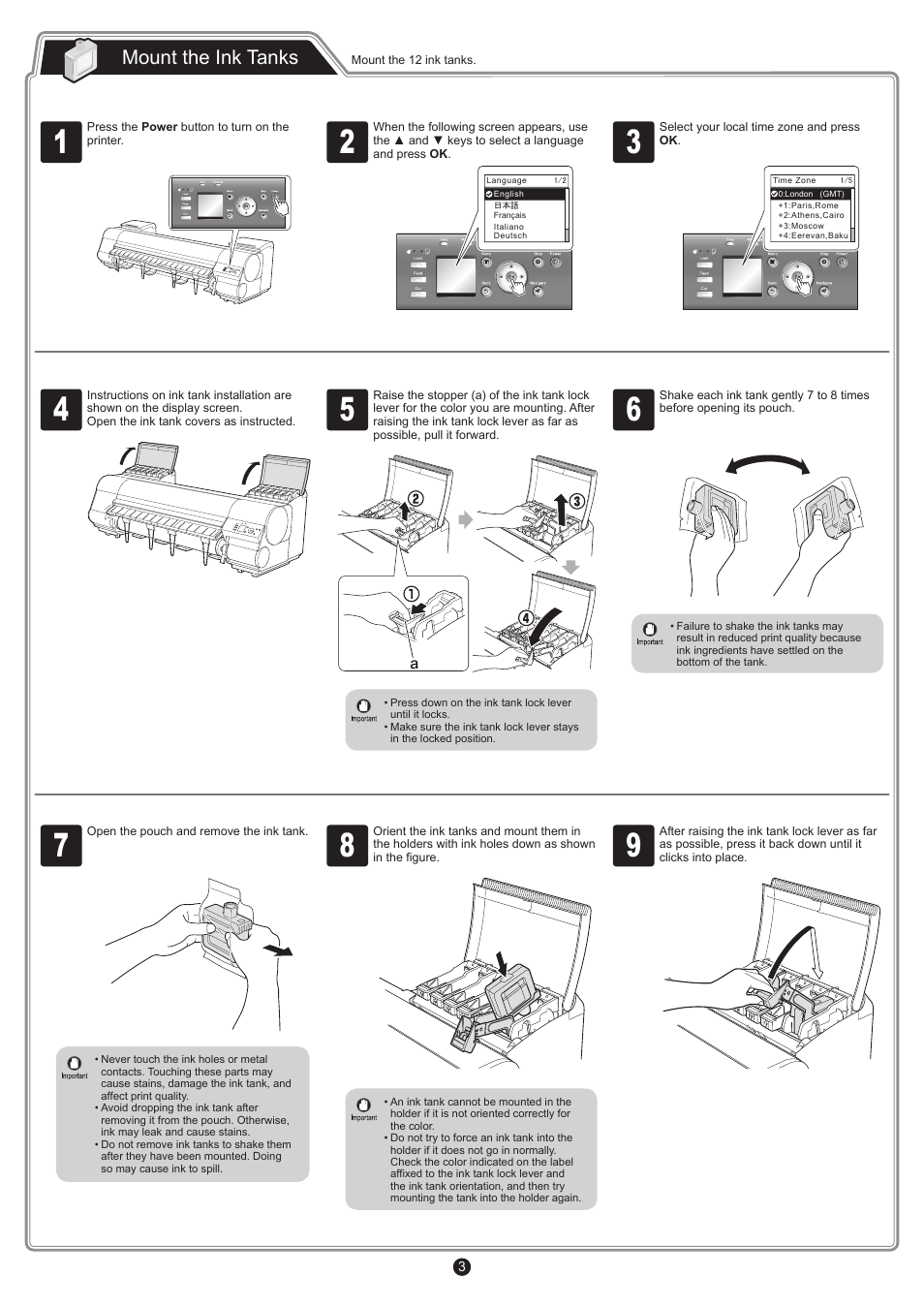 Mount the ink tanks | Canon imagePROGRAF iPF8400 User Manual | Page 3 / 16