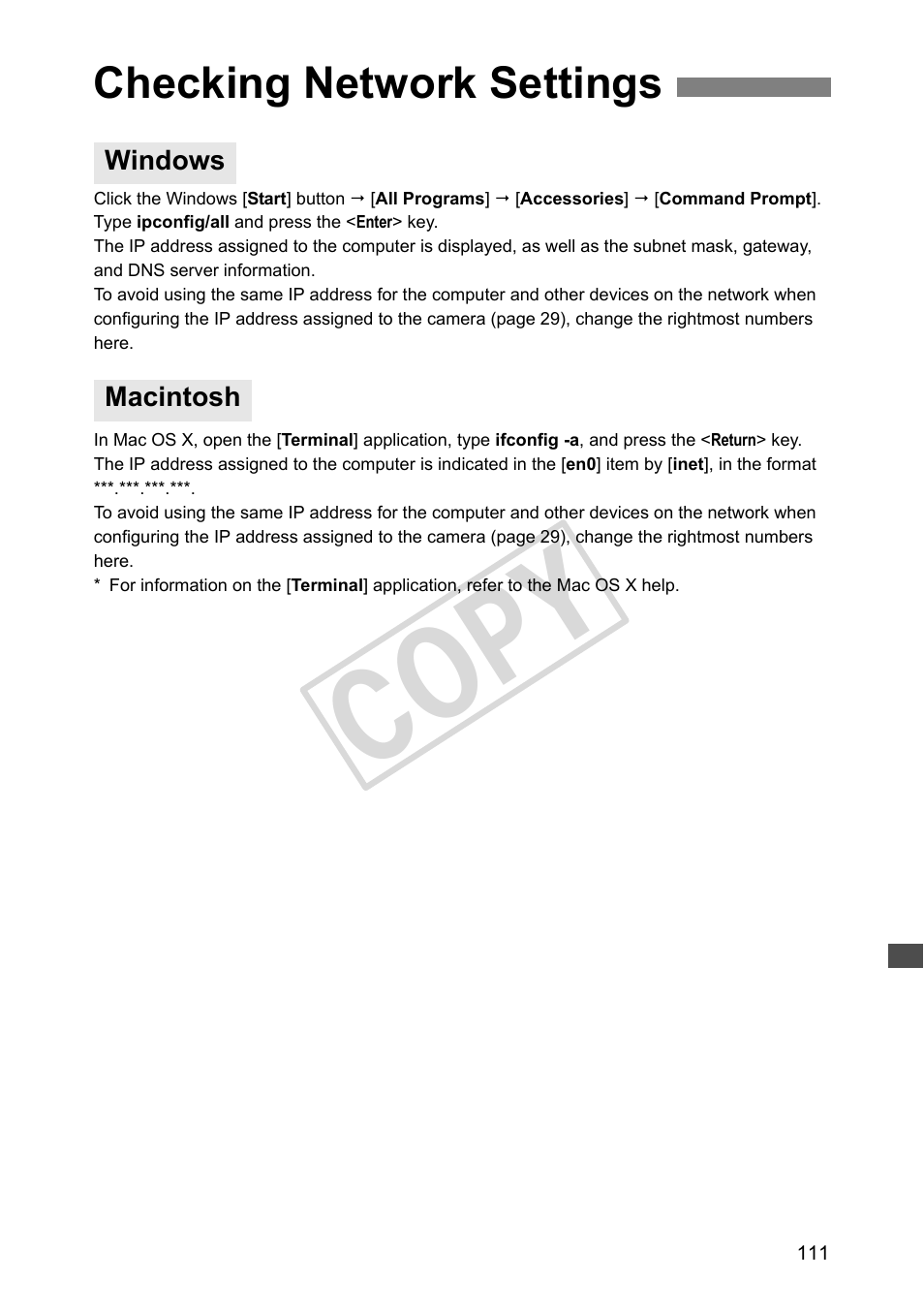 Checking network settings, Windows, Macintosh | Cop y | Canon Wireless File Transmitter WFT-E4 II A User Manual | Page 111 / 128