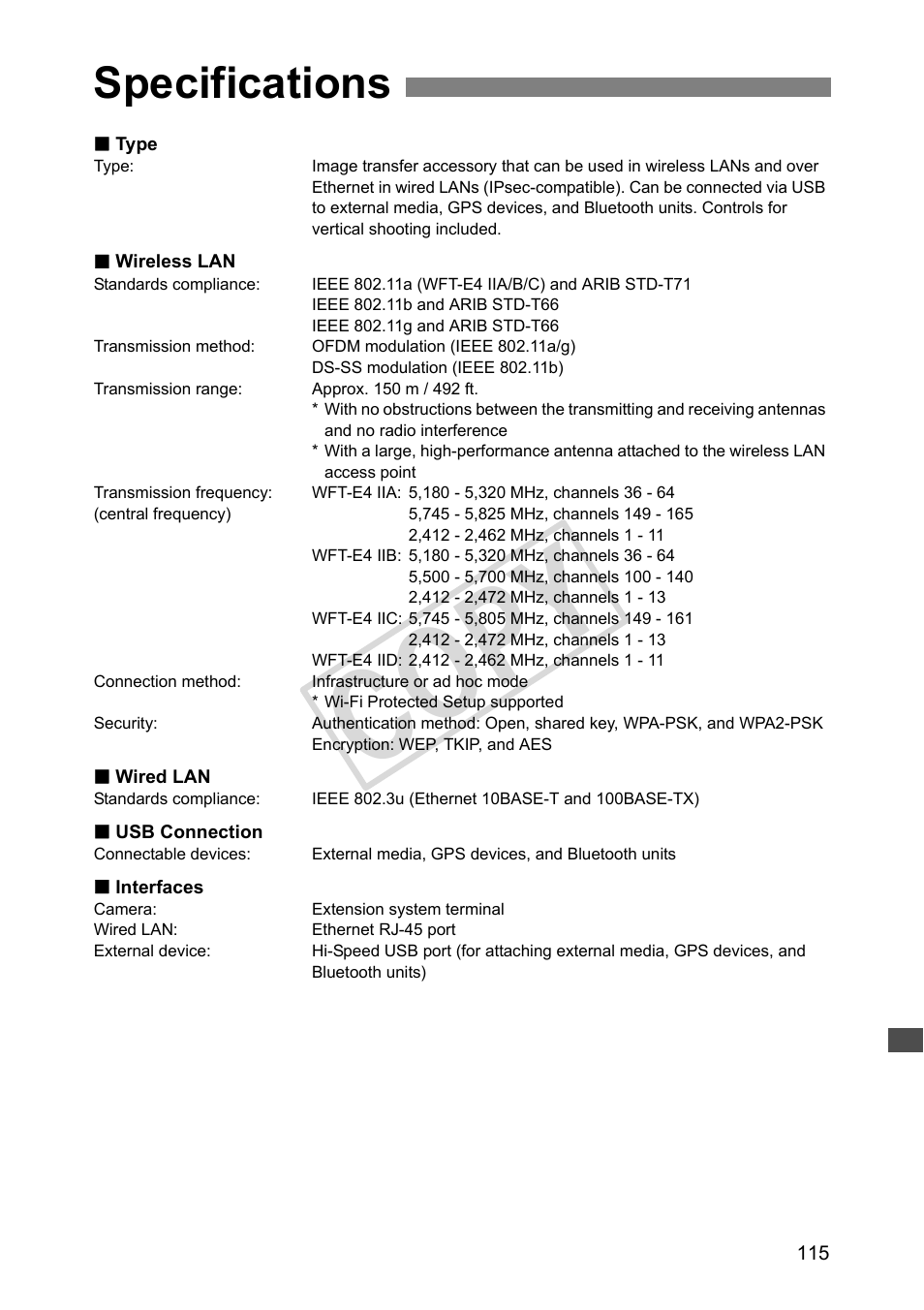 Specifications, Cop y | Canon Wireless File Transmitter WFT-E4 II A User Manual | Page 115 / 128