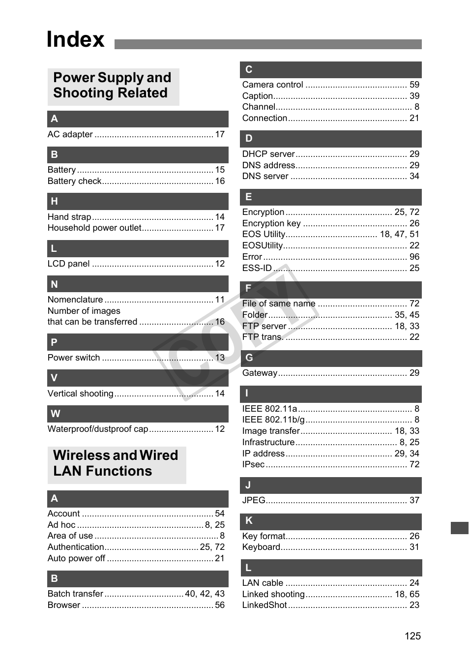 Index, Cop y | Canon Wireless File Transmitter WFT-E4 II A User Manual | Page 125 / 128