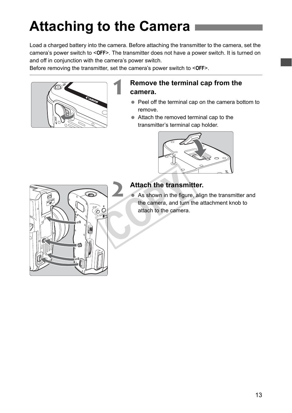 Attaching to the camera, Cop y | Canon Wireless File Transmitter WFT-E4 II A User Manual | Page 13 / 128