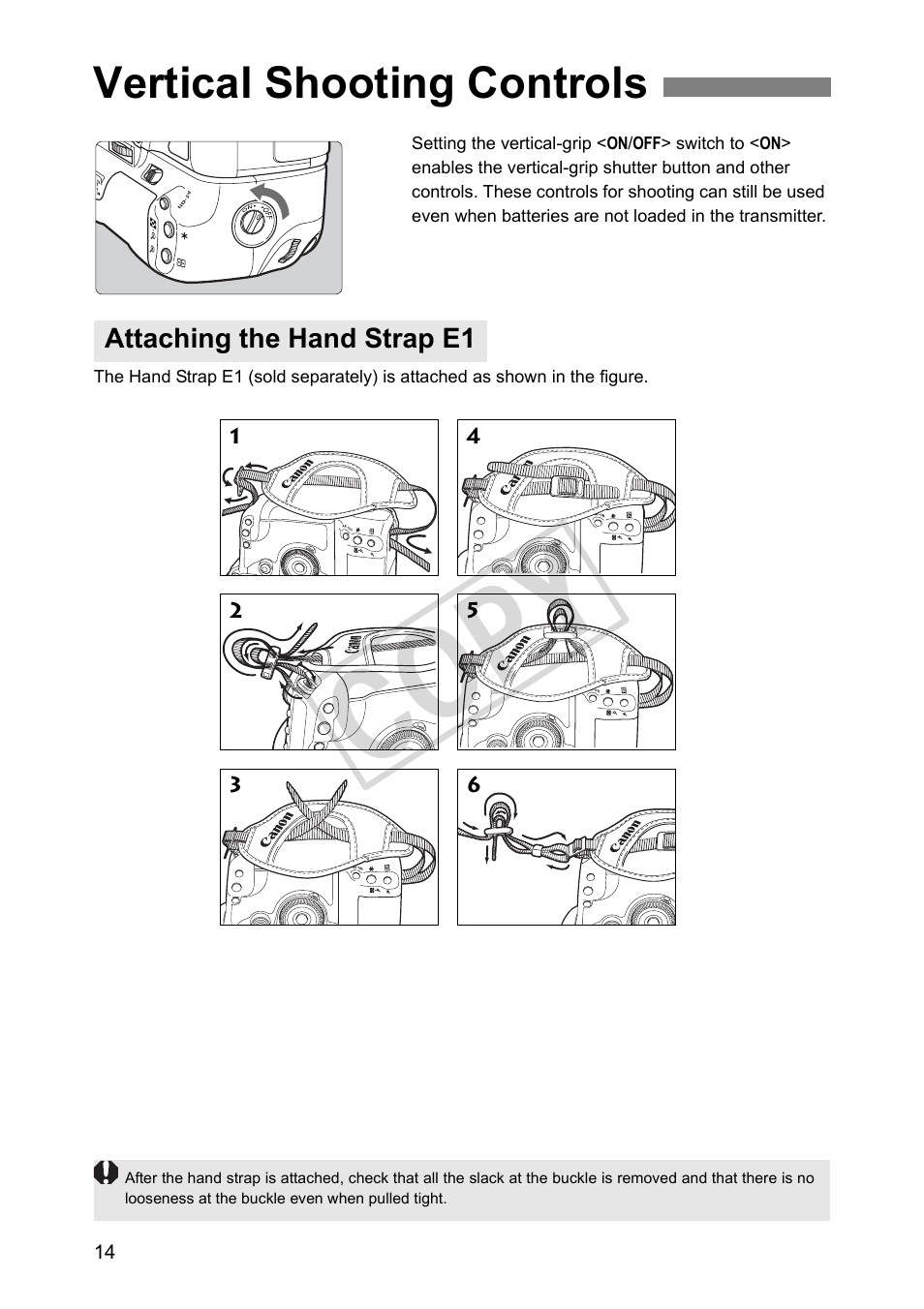 Vertical shooting controls, Attaching the hand strap e1, Cop y | Canon Wireless File Transmitter WFT-E4 II A User Manual | Page 14 / 128