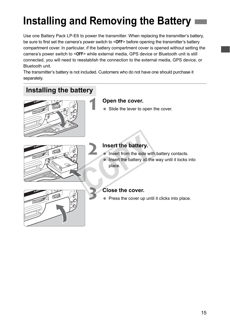 Installing and removing the battery, Installing the battery, Cop y | Canon Wireless File Transmitter WFT-E4 II A User Manual | Page 15 / 128