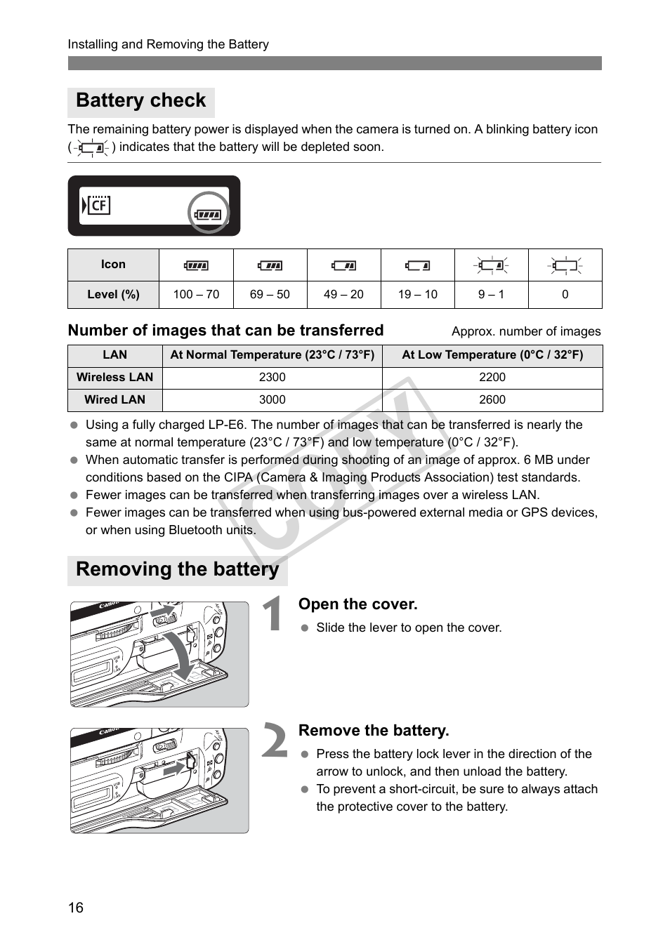 Battery check, Removing the battery, Cop y | Canon Wireless File Transmitter WFT-E4 II A User Manual | Page 16 / 128