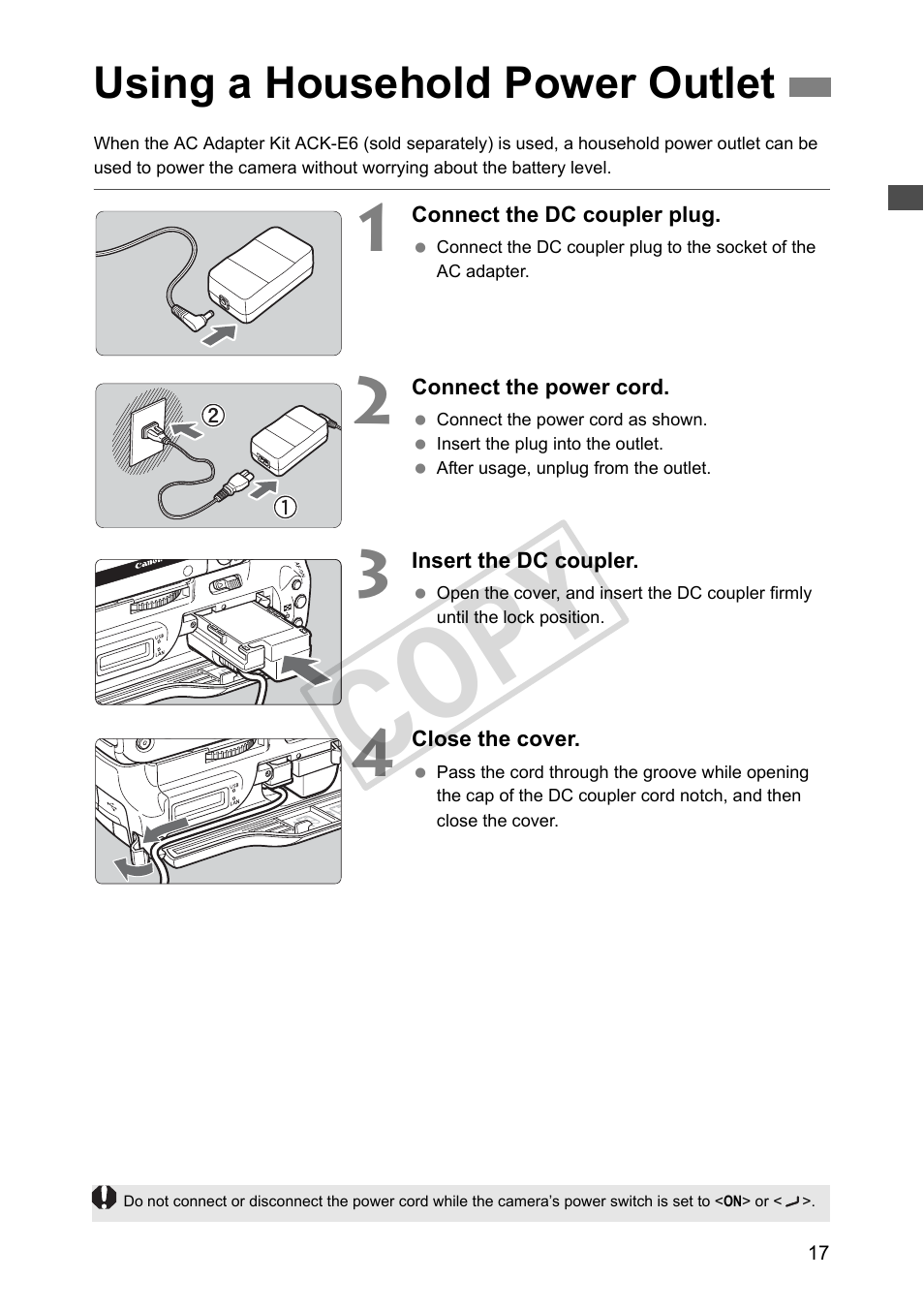 Using a household power outlet, Cop y | Canon Wireless File Transmitter WFT-E4 II A User Manual | Page 17 / 128