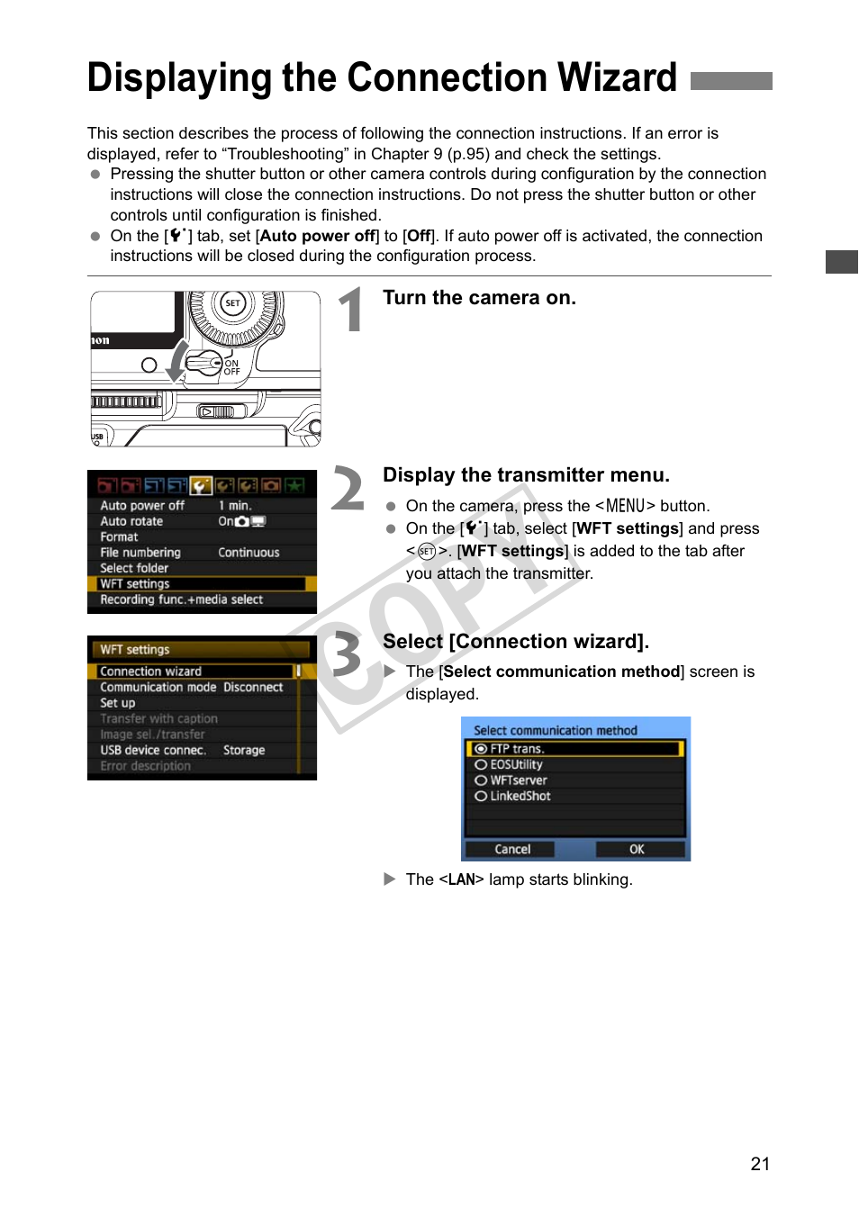Displaying the connection wizard, Cop y | Canon Wireless File Transmitter WFT-E4 II A User Manual | Page 21 / 128
