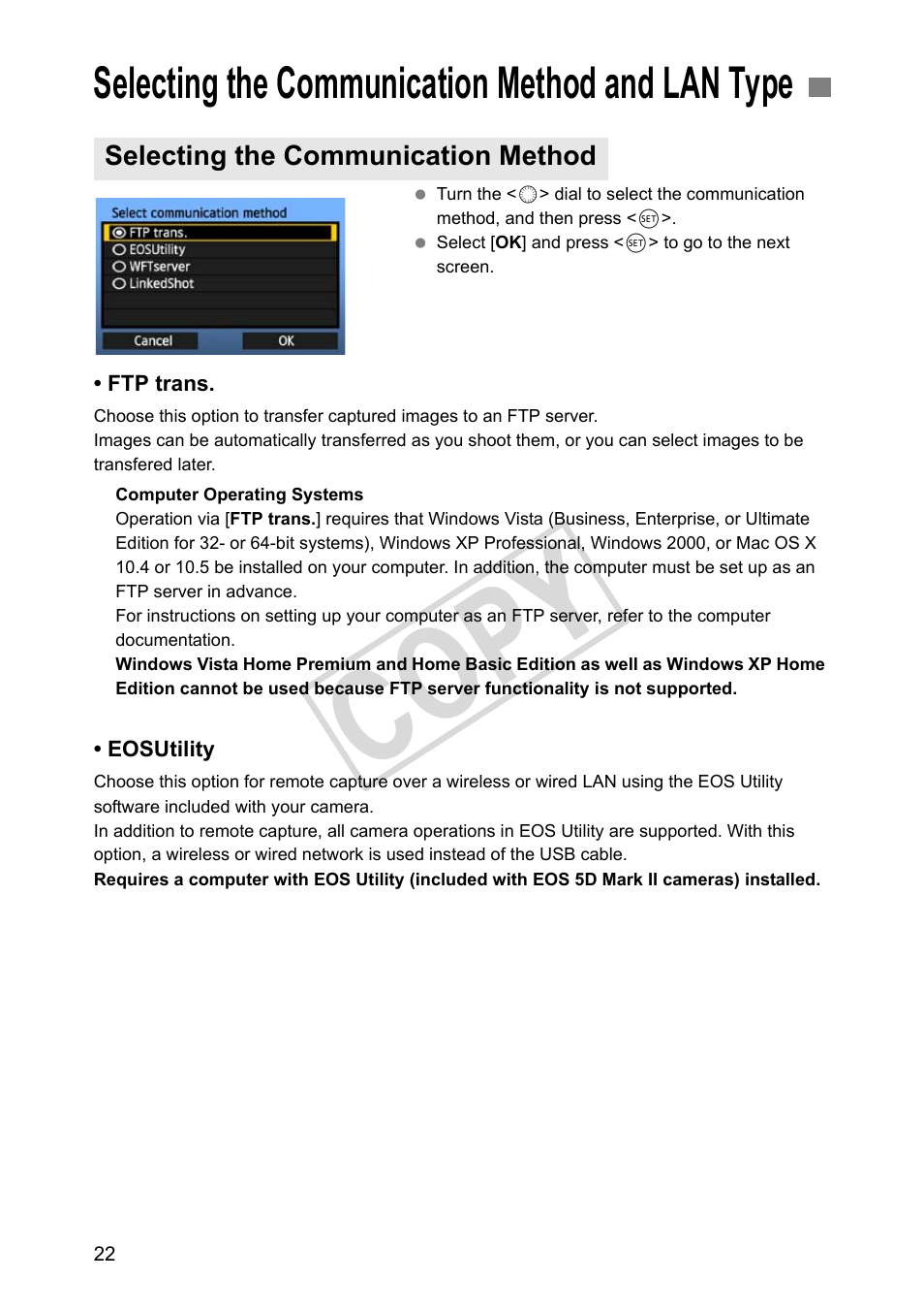 Selecting the communication method and lan type, Selecting the communication method, Cop y | Canon Wireless File Transmitter WFT-E4 II A User Manual | Page 22 / 128