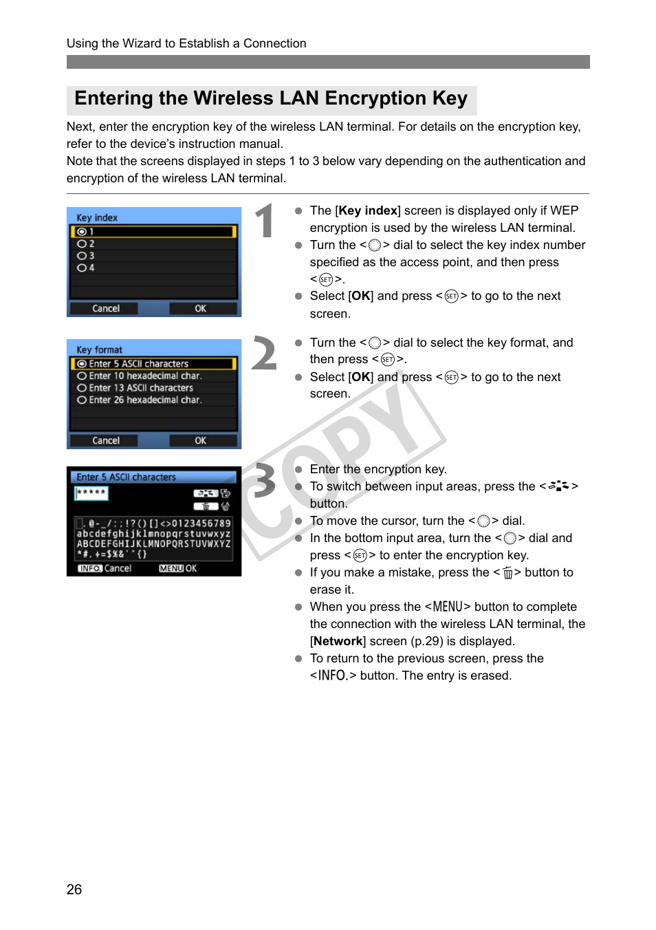 Entering the wireless lan encryption key, Cop y | Canon Wireless File Transmitter WFT-E4 II A User Manual | Page 26 / 128