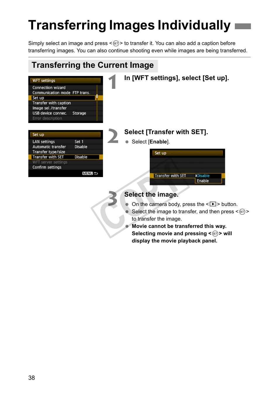 Transferring images individually, Transferring the current image, Cop y | Canon Wireless File Transmitter WFT-E4 II A User Manual | Page 38 / 128