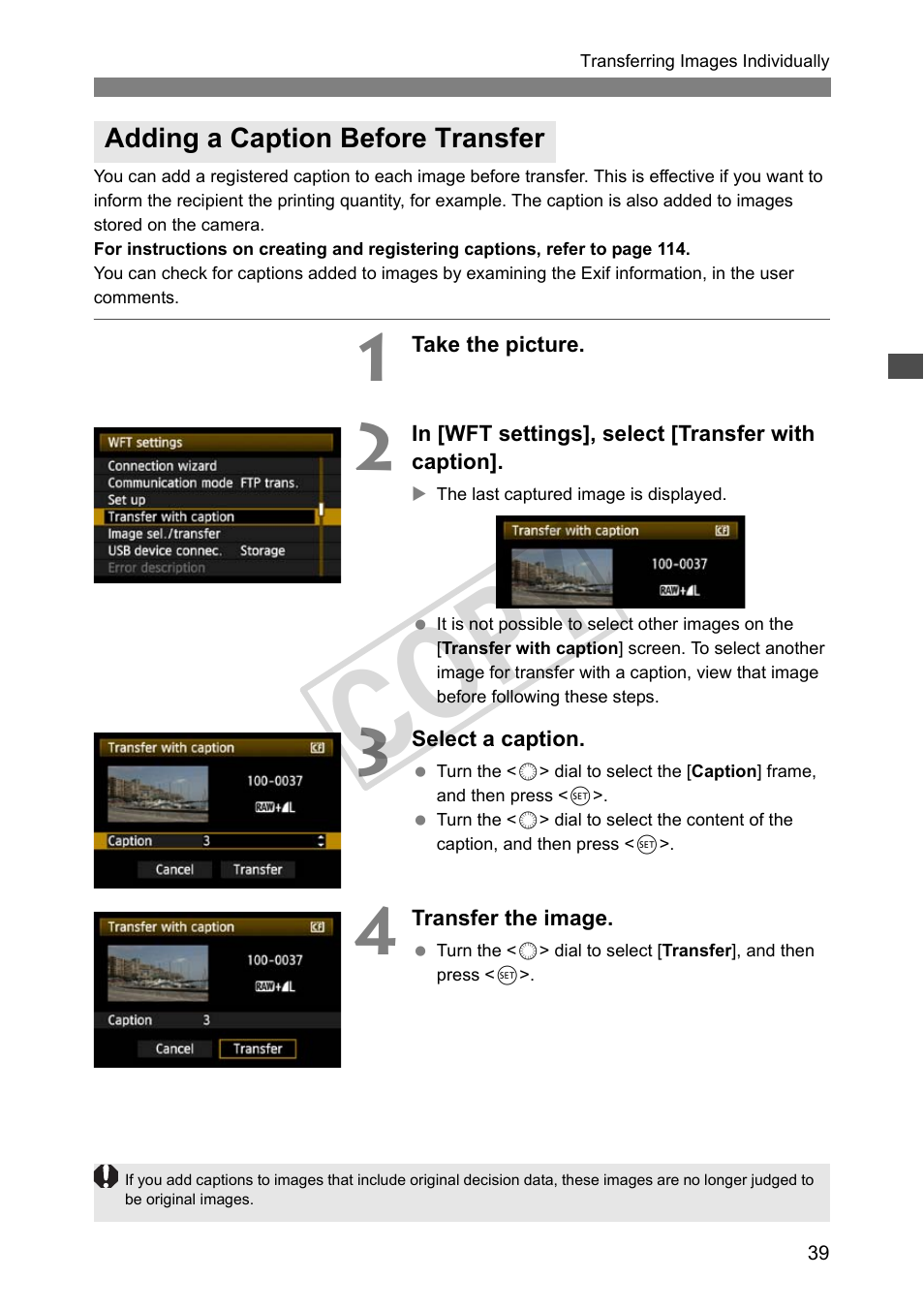 Adding a caption before transfer, Cop y | Canon Wireless File Transmitter WFT-E4 II A User Manual | Page 39 / 128