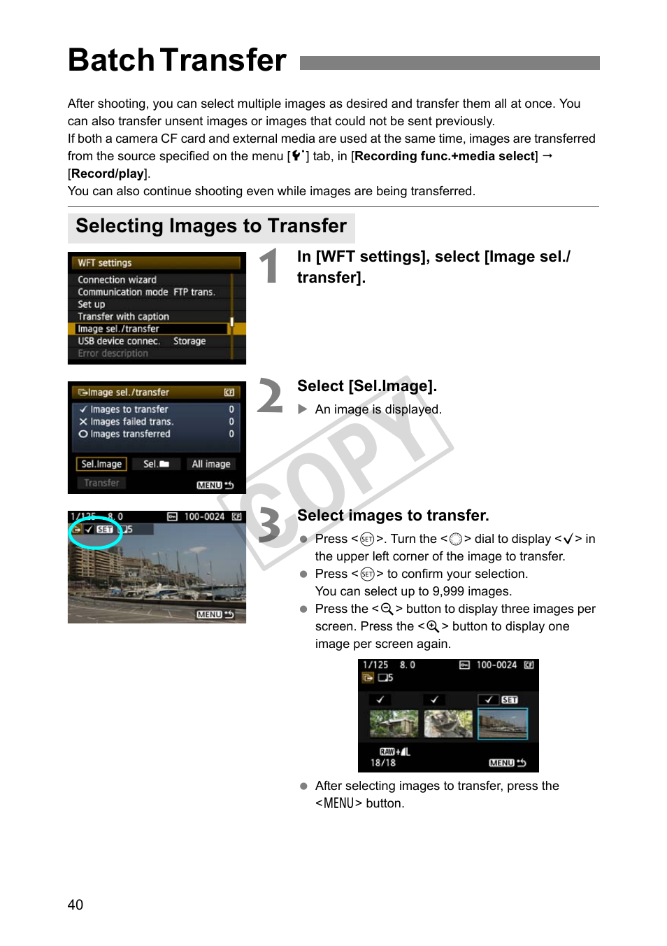 Batch transfer, Selecting images to transfer, Cop y | Canon Wireless File Transmitter WFT-E4 II A User Manual | Page 40 / 128