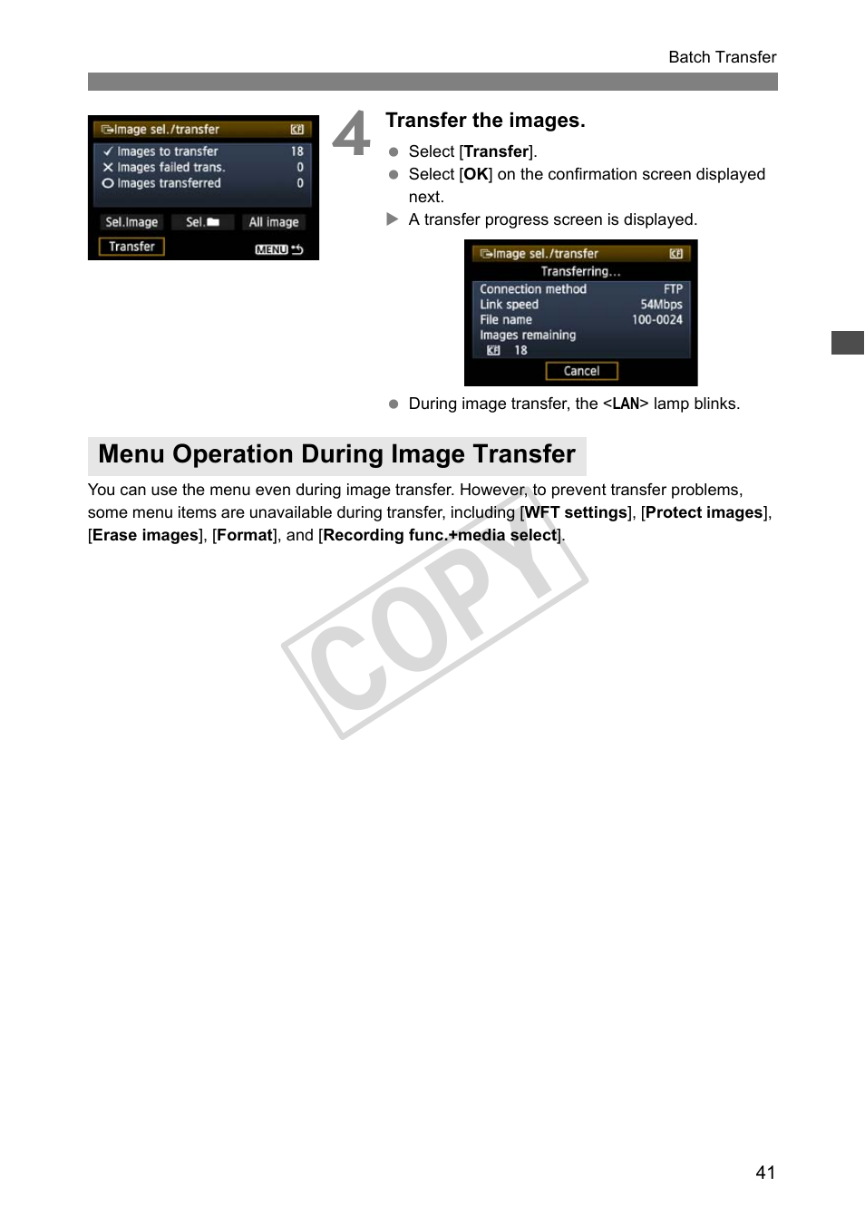 Menu operation during image transfer, Cop y | Canon Wireless File Transmitter WFT-E4 II A User Manual | Page 41 / 128