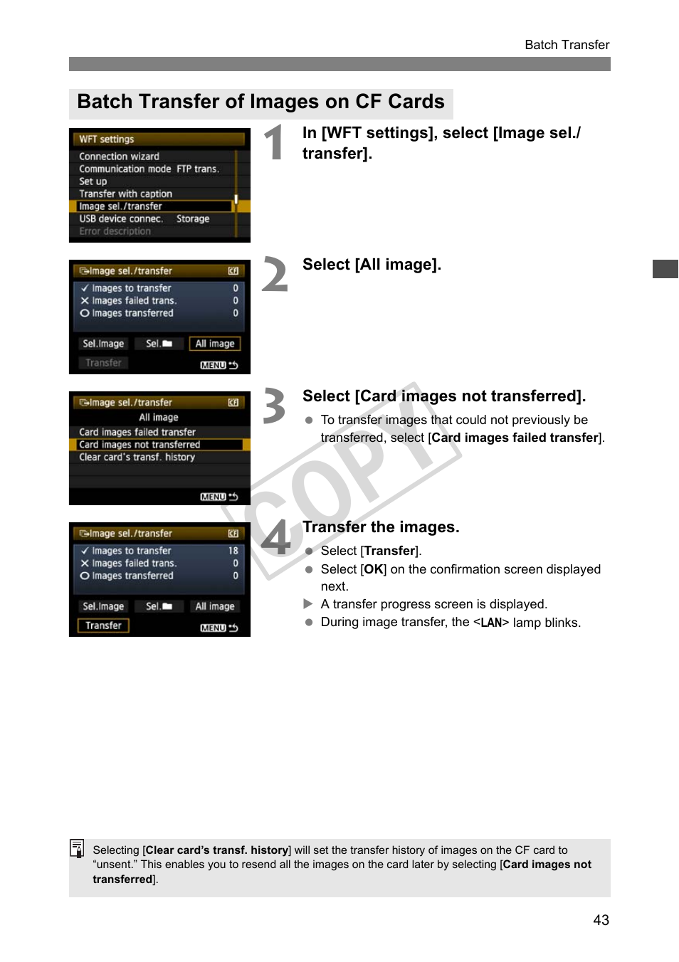 Batch transfer of images on cf cards, Cop y | Canon Wireless File Transmitter WFT-E4 II A User Manual | Page 43 / 128