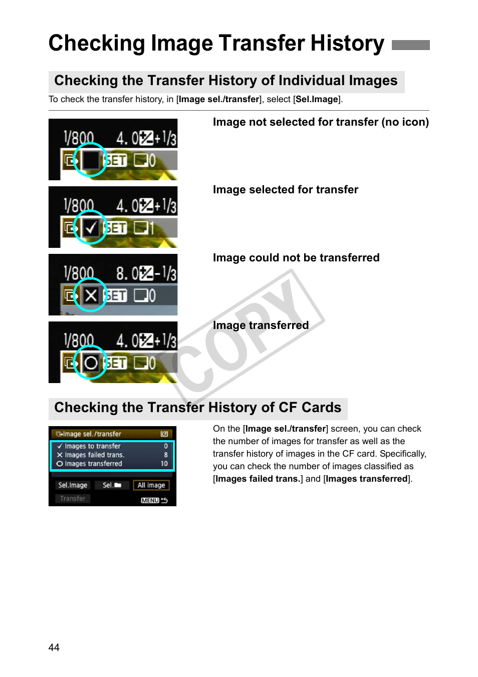 Checking image transfer history, Checking the transfer history of individual images, Checking the transfer history of cf cards | Cop y | Canon Wireless File Transmitter WFT-E4 II A User Manual | Page 44 / 128