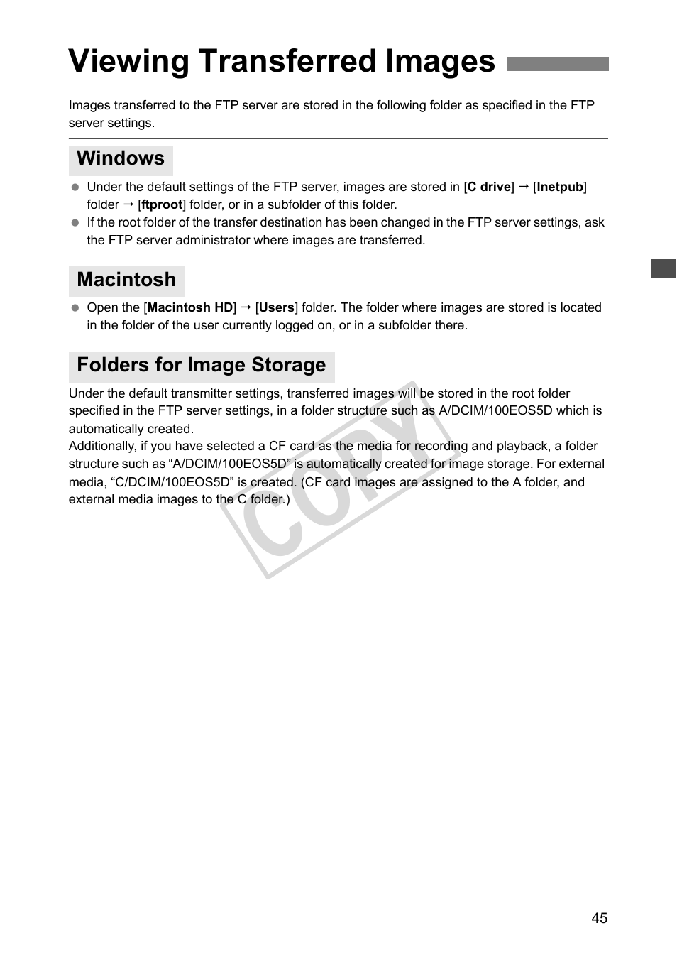 Viewing transferred images, Windows, Macintosh | Folders for image storage, Cop y | Canon Wireless File Transmitter WFT-E4 II A User Manual | Page 45 / 128